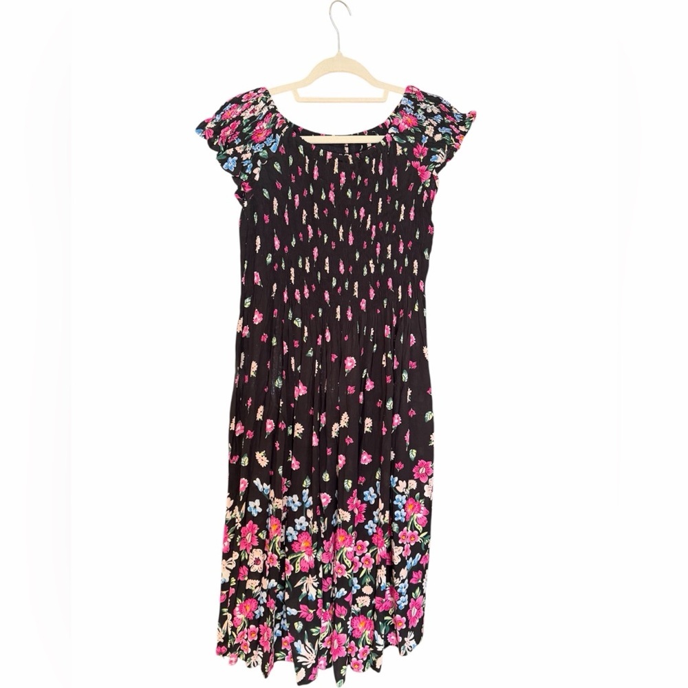 Black Vintage Style Floral On/Off Shoulder Midi Dress